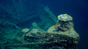 Bow end view into the hull of the wreck of the tugboat New Hope